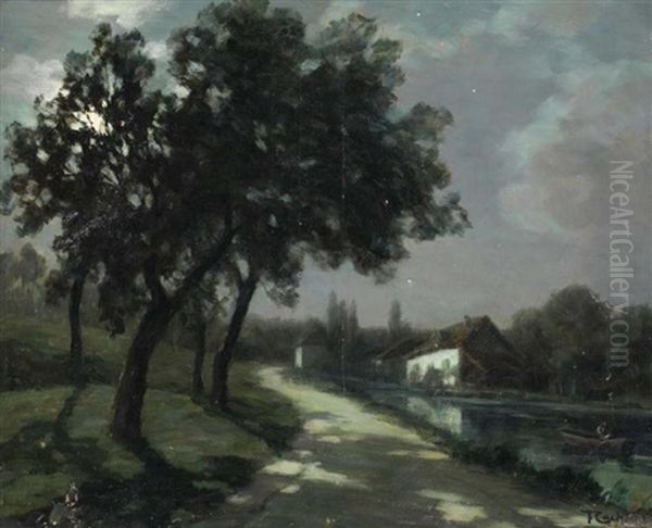 Bord De Riviere Et Homme Sur Une Barque, De Nuit - view 1