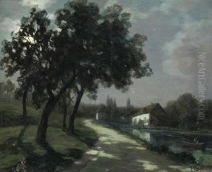 Bord De Riviere Et Homme Sur Une Barque, De Nuit Bord De Riviere Et Homme Sur Une Barque, De Nuit