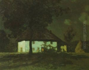 A Moonlit Scene With A Farm House And A Haystack Beyond
