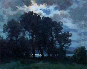 Ciel Du Soir Mouvemente Sur Les Chenes Et L'etang by Francois Charles Cachoud