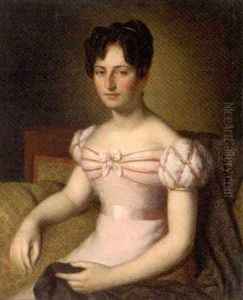 Portrait Of A Lady In A Pink Dress Holding A Shawl by Rene Cadeau