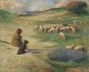 Hirte Mit Hund Und Schafherde by Eugene Cadel