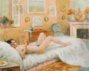 Schlafzimmerinterieur Mit Weiblichem Akt Auf Einem Bett, Sich Einen Strumpf Anziehend Schlafzimmerinterieur Mit Weiblichem Akt Auf Einem Bett, Sich Einen Strumpf Anziehend