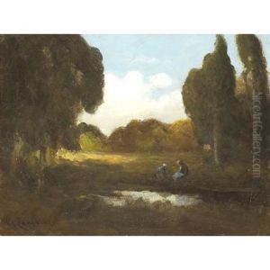 Figures By A Pond In A Forest Clearing Figures By A Pond In A Forest Clearing