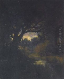 A Pond Under The Oaks At Sunset
