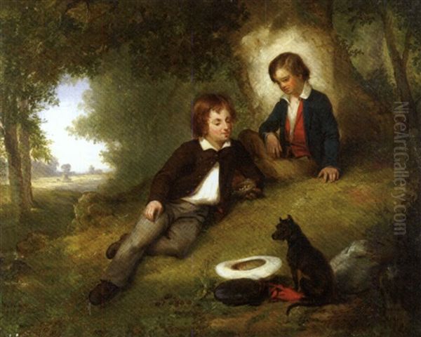 Two Young Boys In A Forest Clearing Examining A Bird's Nest - view 1