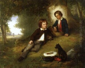Two Young Boys In A Forest Clearing Examining A Bird's Nest by James H. Cafferty
