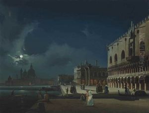 Venezia: Veduta Notturna Del Molo Verso La Basilica Della Salute by Ippolito Caffi