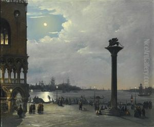 Venice, A Nocturnal View Of Piazza San Marco With The Ducal Palace by Ippolito Caffi