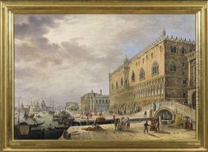 Venice, A View Of The Bacino Di San Marco; Venice, A View Of The Zattere (pair) by Ippolito Caffi