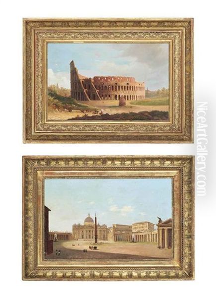 Figures At The Colosseum, Rome And Soldiers And Priests Before St. Peter's, Rome (pair) - view 1