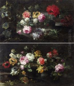 Pair Of Works: Arrangements Of Flowers On A Stone Plinth