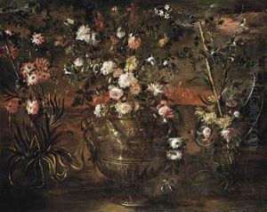 Roses, Peonies, Carnations And Other Flowers In A Gilt Vase Roses, Peonies, Carnations And Other Flowers In A Gilt Vase