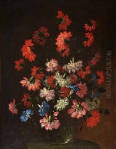 Still Life - A Glass Vase Of Mixed Carnations Upon A Table by Margherita Caffi