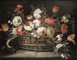 Roses, Tulips, Orange Blossom And Other Flowers In A Basket On A Stone Ledge; And Narcissi, Carnations, Roses And Other Flowers In A Basket On A Stone Ledge, A Landscape Beyond (pair)