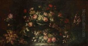 Parterre De Fleurs Avec Un Bouquet Dans Une Vasque by Margherita Caffi
