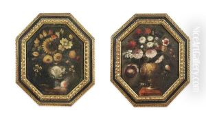 Roses, Peonies, Carnations And Other Flowers In A Gilt Urn... (+ A Sunflower, Roses, Tulips And Other Flowers In A Silver Urn On A Plinth...; Pair) by Margherita Caffi