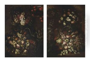 Roses, Narcissi, A Poppy And Other Flowers In A Wicker Basket (+ Roses, Tulips, Narcissi, Carnations And Other Flowers In A Wicker Basket; Pair) by Margherita Caffi