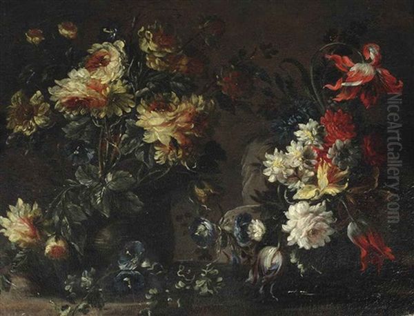 Tulips, Roses And Other Flowers In Two Vases On A Ledge - view 1
