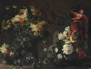 Tulips, Roses And Other Flowers In Two Vases On A Ledge by Margherita Caffi