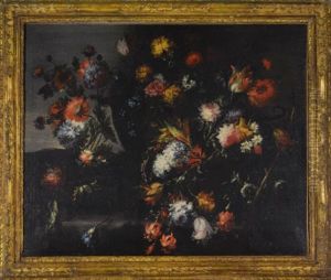 Still Lifes Of Mixed Flowers In Urns And Baskets (pair)