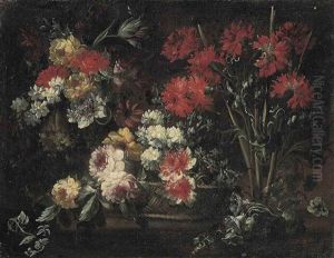 Roses, Chrysanthemums And Other Flowers In A Wicker Basket, Carnations, Roses, Narcissi And Other Flowers On A Stone Ledge