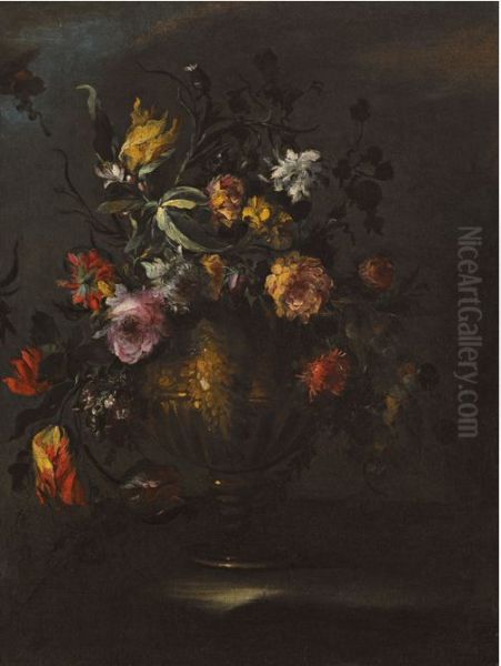 A Still Life Of Roses, Tulips And Other Flowers In A Bronze Vase On A Stone Ledge - view 1