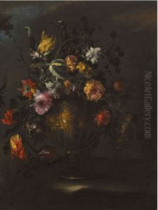 A Still Life Of Roses, Tulips And Other Flowers In A Bronze Vase On A Stone Ledge by Margherita Caffi
