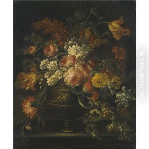 Still Life Of Roses, Parrot Tulips And Other Flowers In A Brass Urn Upon A Ledge by Margherita Caffi