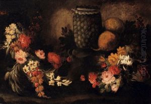 Nature Morte De Fleurs, De Fruits Et Au Bocal D'olives