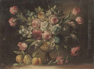 Roses, Tulips, Morning Glory And Other Flowers In A Sculpted Urn With Pears (+ Parrot Tulips, Carnations, Roses And Other Flowers In A Sculpted Urn With Peaches; Pair)