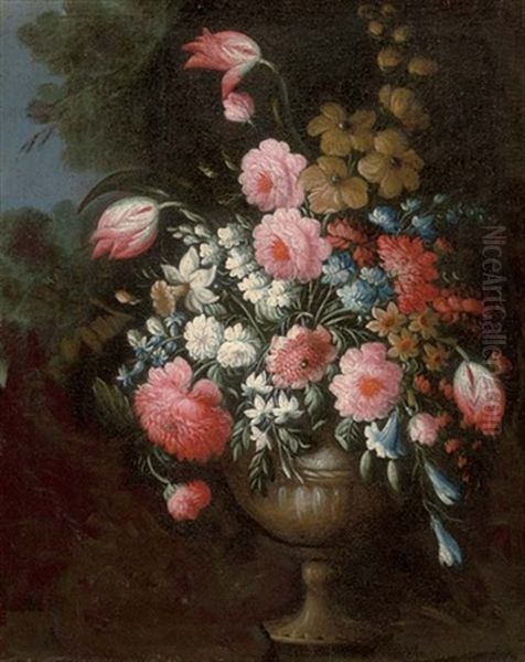Roses, Tulips, Morning Glory And Other Flowers In An Urn - view 1