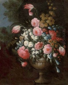 Roses, Tulips, Morning Glory And Other Flowers In An Urn by Margherita Caffi
