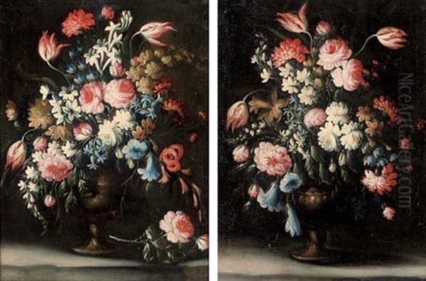 Roses, Tulips, Carnations, Morning Glory And Other Flowers In A Vase On A Ledge (+ Tulips, Morning Glory, Carnations, A Daffodil And Other Flowers In A Vase On A Ledge; Pair) - view 1