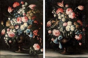 Roses, Tulips, Carnations, Morning Glory And Other Flowers In A Vase On A Ledge (+ Tulips, Morning Glory, Carnations, A Daffodil And Other Flowers In A Vase On A Ledge; Pair) by Margherita Caffi