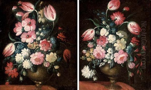Tulips, Roses, Morning Glory And Other Flowers In A Vase On A Table (+ Tulips, Carnations, Morning Glory And Other Flowers In A Vase On A Table; Pair) - view 1