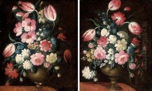 Tulips, Roses, Morning Glory And Other Flowers In A Vase On A Table (+ Tulips, Carnations, Morning Glory And Other Flowers In A Vase On A Table; Pair) by Margherita Caffi