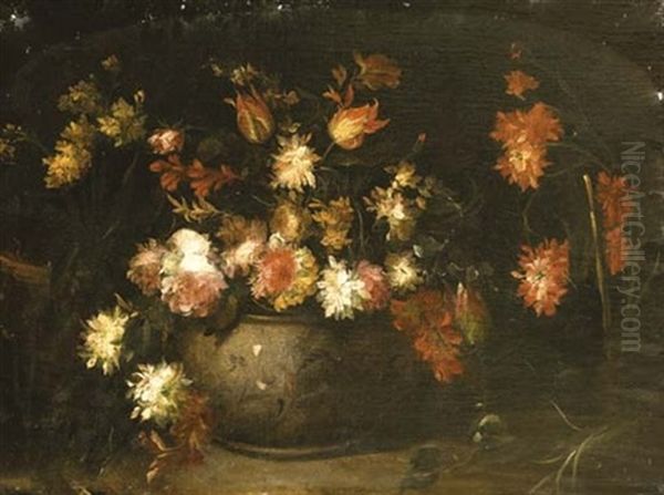 Roses, Tulips, Gladioli And Other Flowers In A Ceramic Urn With Potted Daffodils - view 1