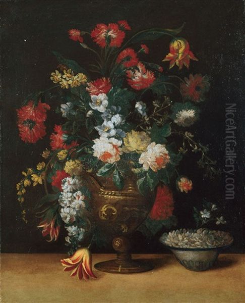 Blumenstilleben Mit Einer Vase Mit Blumen Und Einer Schale Mit Blutenblattern - view 1