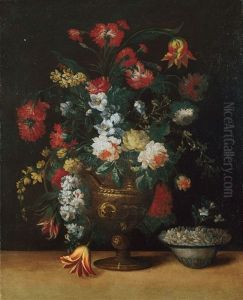 Blumenstilleben Mit Einer Vase Mit Blumen Und Einer Schale Mit Blutenblattern
