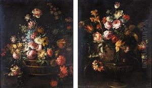 Still Life Of Various Flowers In A Basket (+ Still Life Of Various Flowers In An Urn; Pair)