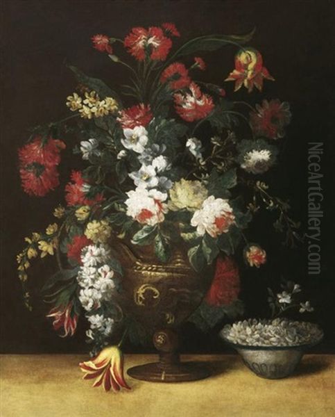 Blumenstilleben Mit Nelken, Rosen Und Tulpen In Skulptierter Vase - view 1