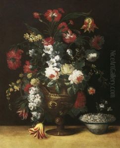 Blumenstilleben Mit Nelken, Rosen Und Tulpen In Skulptierter Vase