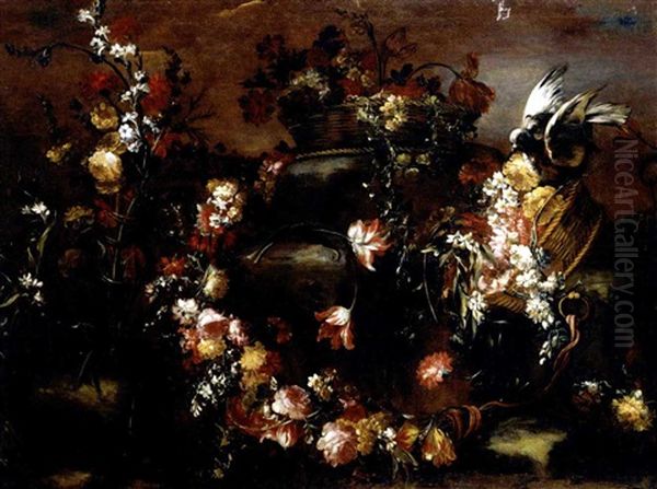 Still Life Of Various Flowers Beside A Fountain (+ Still Life With A Garland And Baskets Of Various Flowers Together With A Dove; Pair) - view 1
