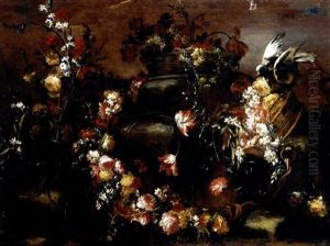 Still Life Of Various Flowers Beside A Fountain (+ Still Life With A Garland And Baskets Of Various Flowers Together With A Dove; Pair)