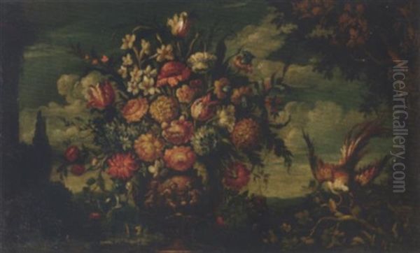 Roses, Peonies, Tulips And Other Flowers In A Sculpted Vase, With A Bird, In A Landscape - view 1