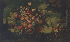 Roses, Peonies, Tulips And Other Flowers In A Sculpted Vase, With A Bird, In A Landscape