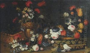 Roses, Tulips And Other Flowers In A Terracotta Pot, In A Bronze Ornamental Urn And In A Gilt Dish On A Cushion by Margherita Caffi
