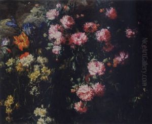 A Still Life With Pink Peonies, English Irises, Tulips, Daffodils, And Other Flowers In A Field by Margherita Caffi