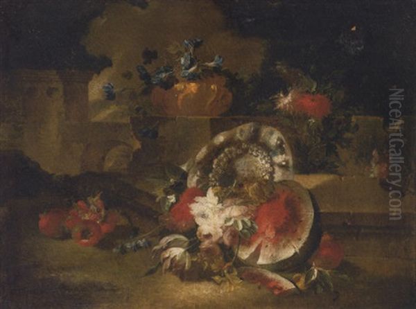 A Sliced Watermelon, Pomegranates, Roses, Tulips And Other Flowers Near A Stone Wall In A Landscape - view 1